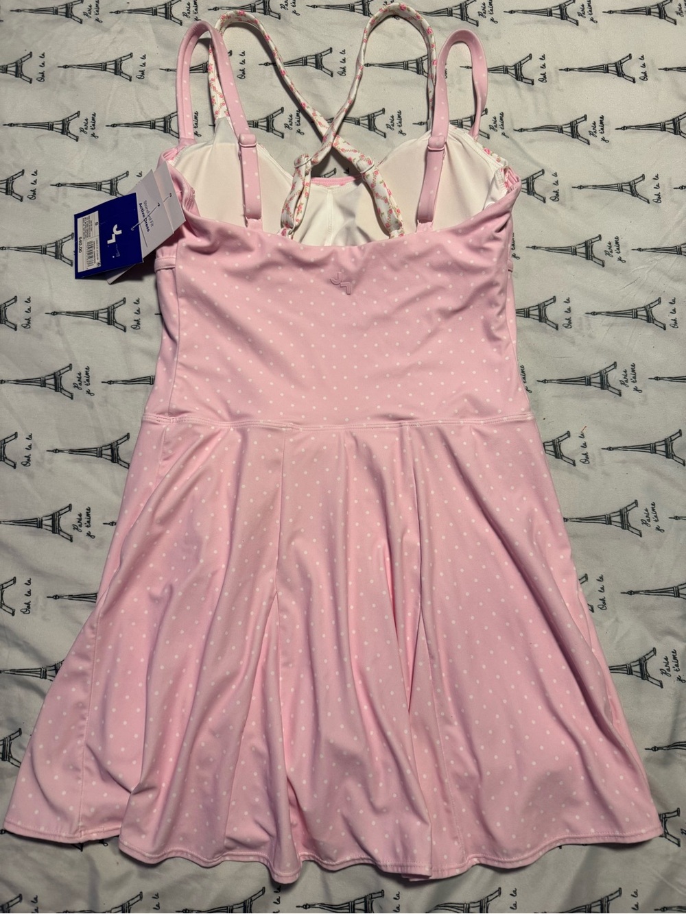 JoyLab Light Pink Polka Dot Skater Mini Dress with Floral Crisscross Straps - Picture 4 of 8